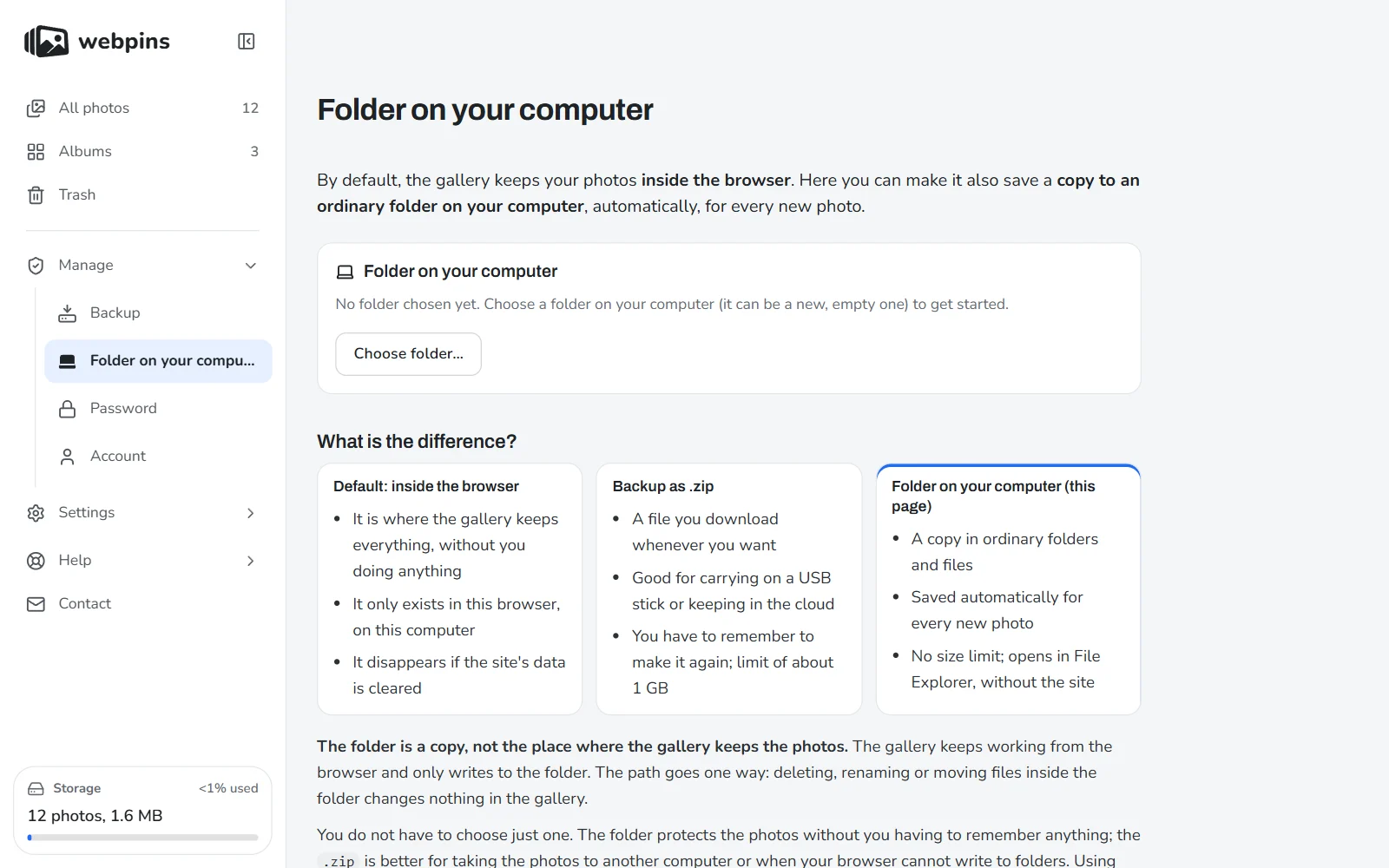 The Folder on your computer page of webpins, comparing keeping photos in the browser, in a zip backup and in a folder on the computer