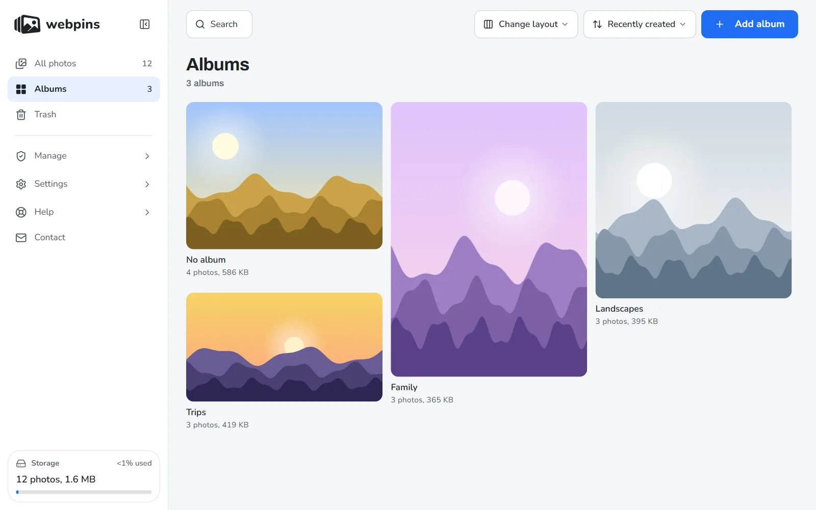 The webpins Albums page, with each album shown by its cover photo