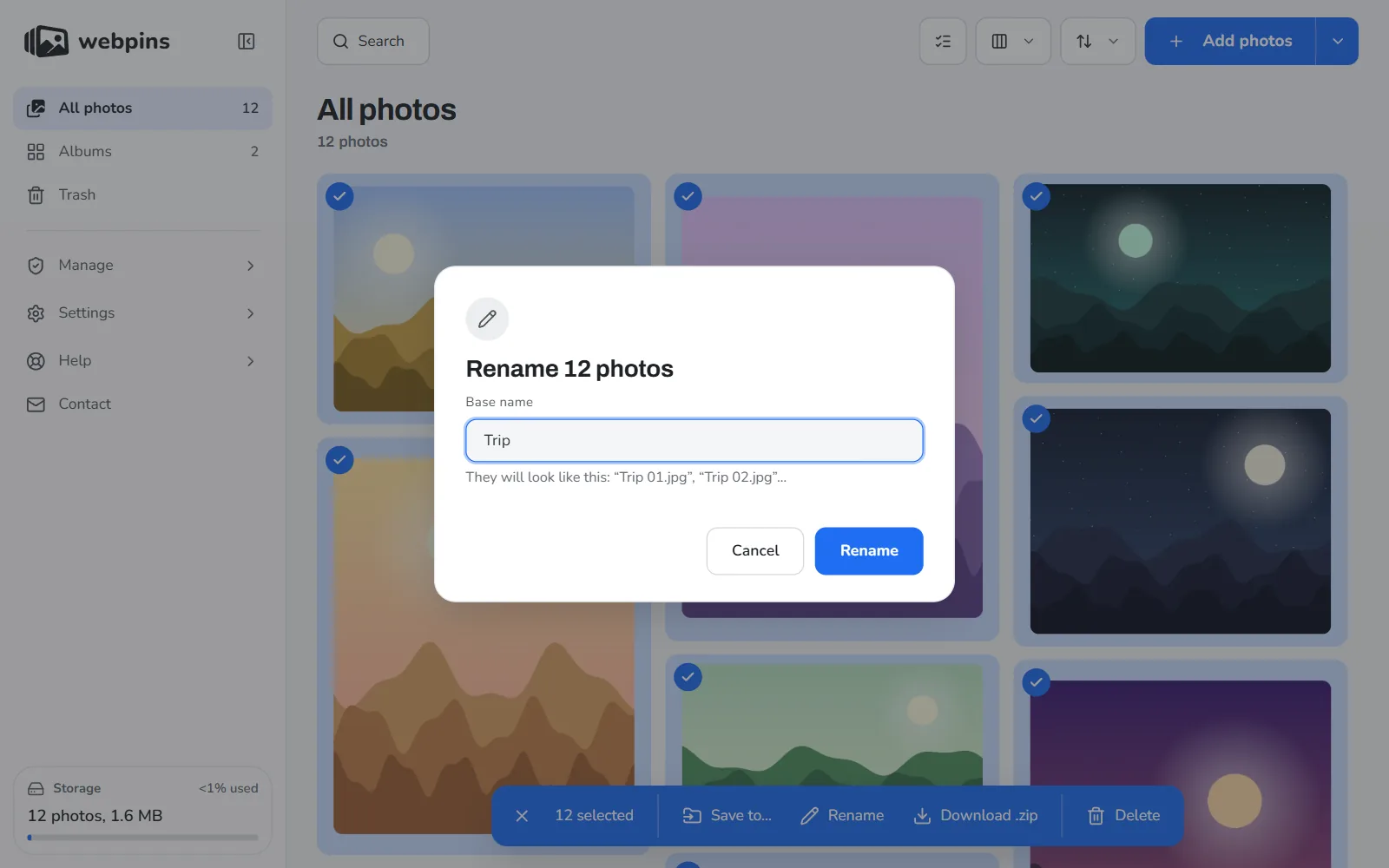 The Rename photos dialog of webpins, with a base name and a preview of how the photos will be numbered