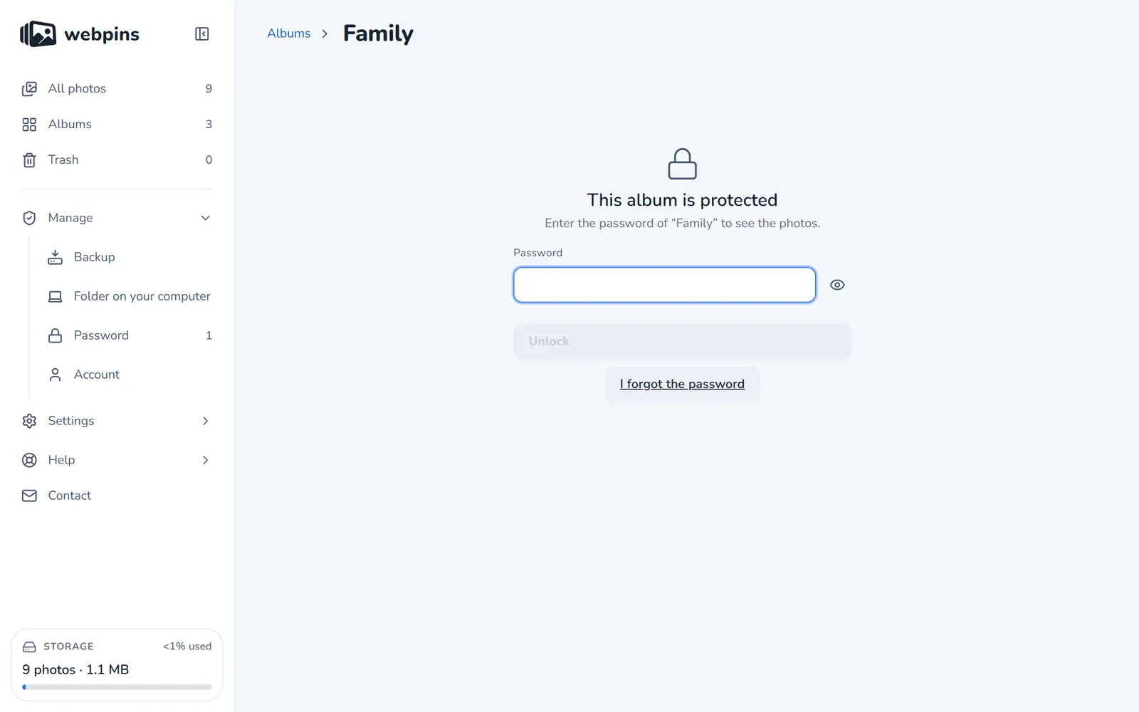 The This album is protected screen, asking for the album's password