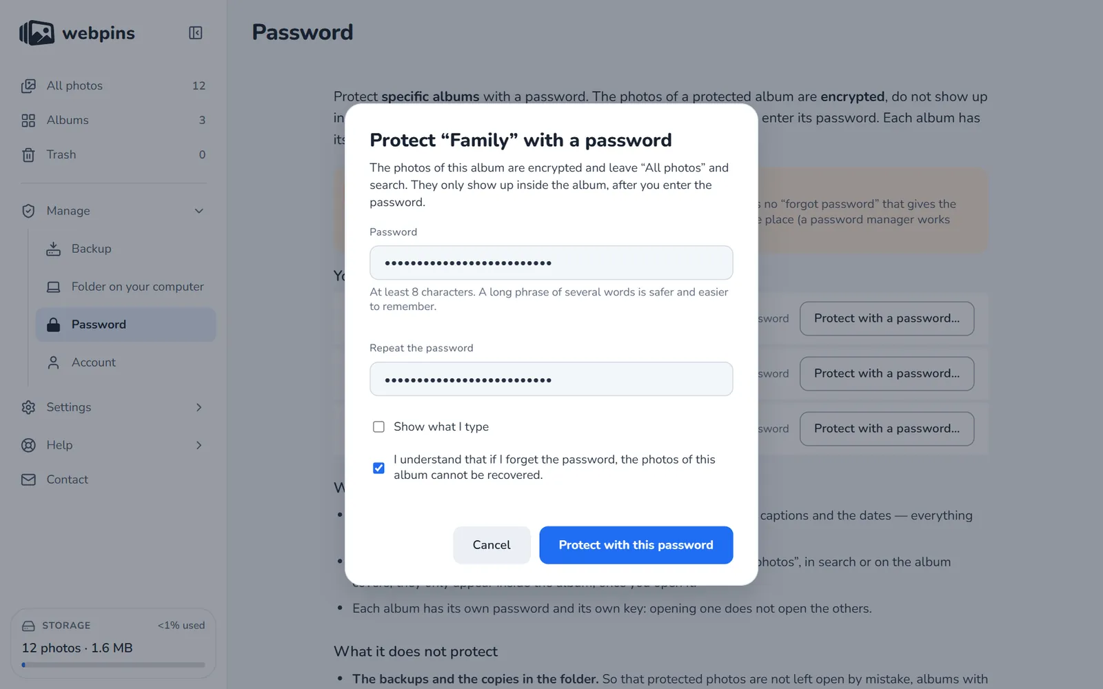 The Protect Family with a password window, with the Password and Repeat the password fields