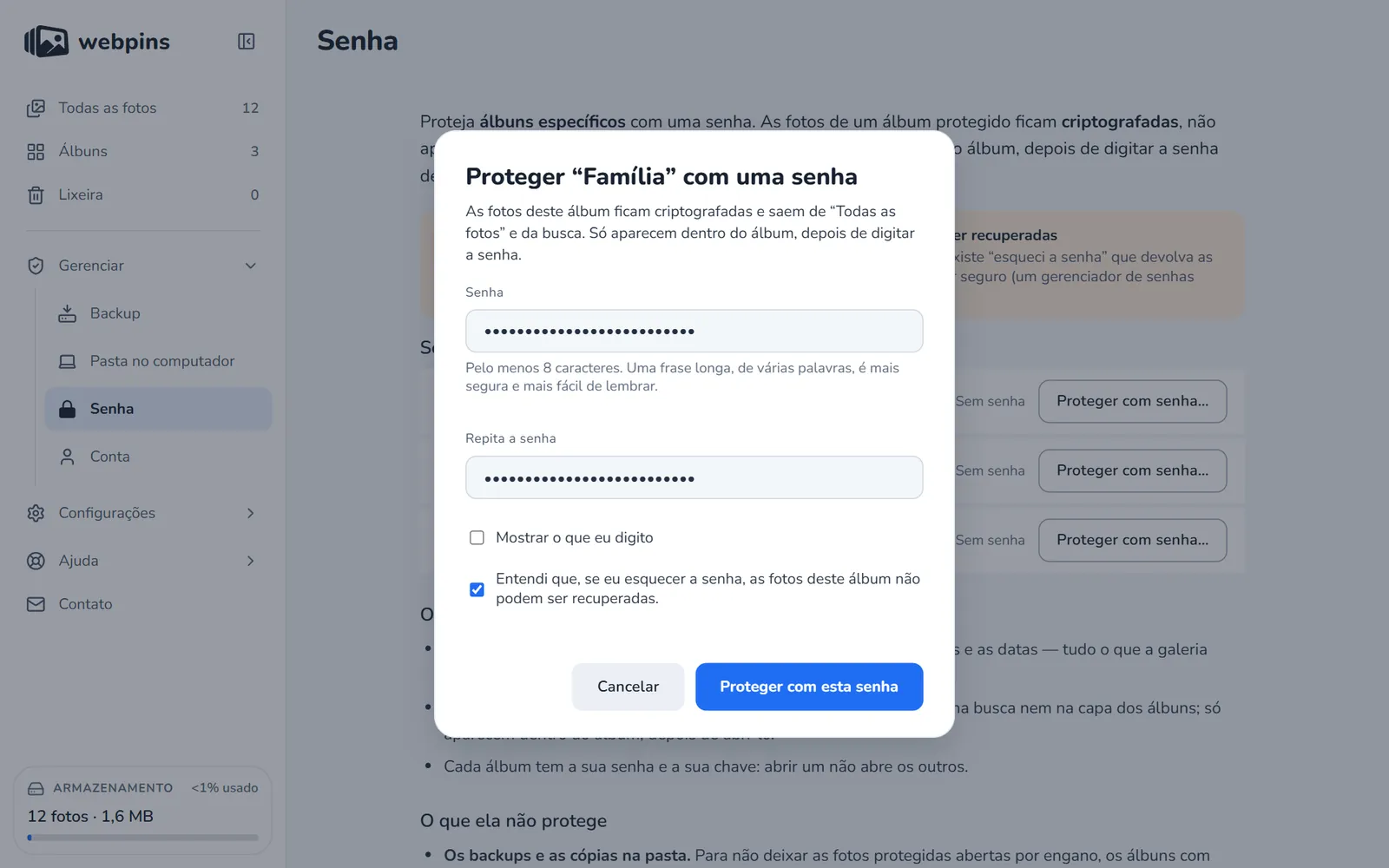 A janela Proteger Família com uma senha, com os campos Senha e Repita a senha