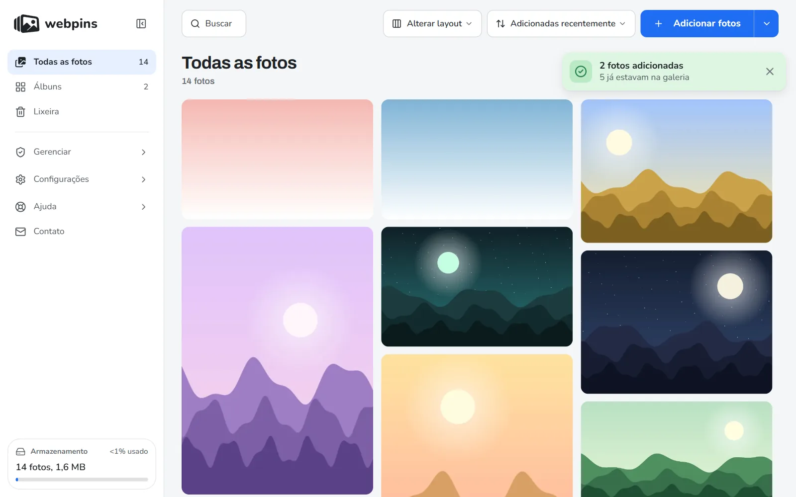 O aviso do webpins depois de adicionar fotos, dizendo quantas foram adicionadas e quantas já estavam na galeria