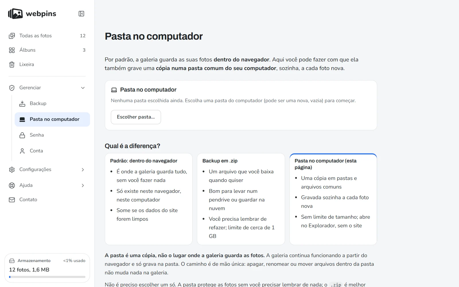 A página Pasta no computador do webpins, que compara guardar as fotos no navegador, num backup em zip e numa pasta do computador