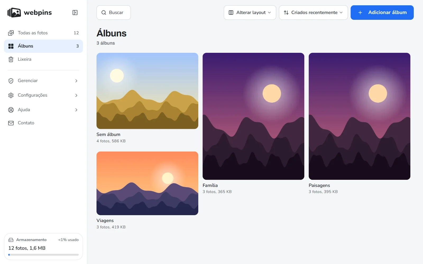 A página Álbuns do webpins, com cada álbum mostrado pela sua foto de capa