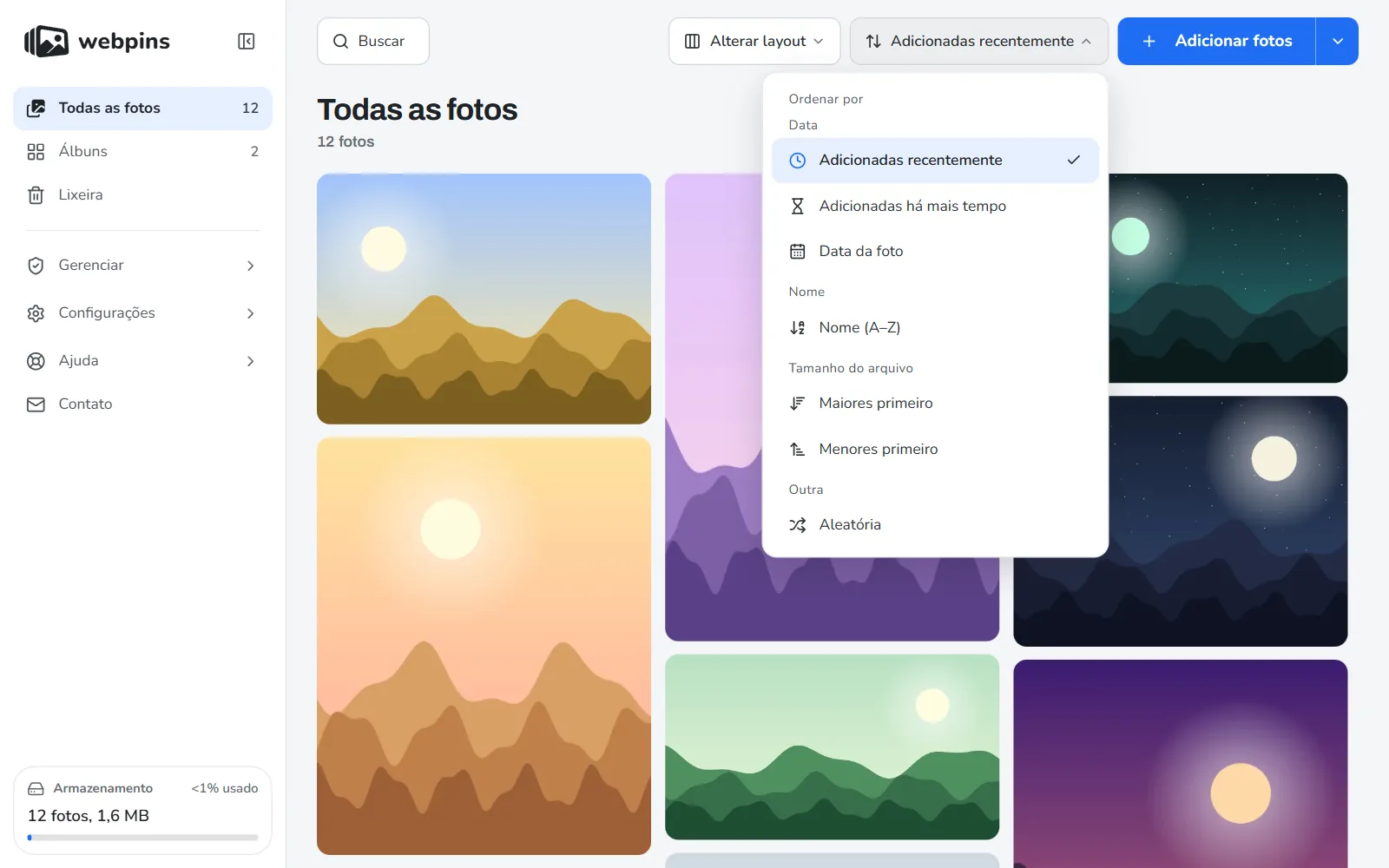 O menu Ordenar por do webpins aberto, com as opções de data, nome, tamanho do arquivo e aleatória