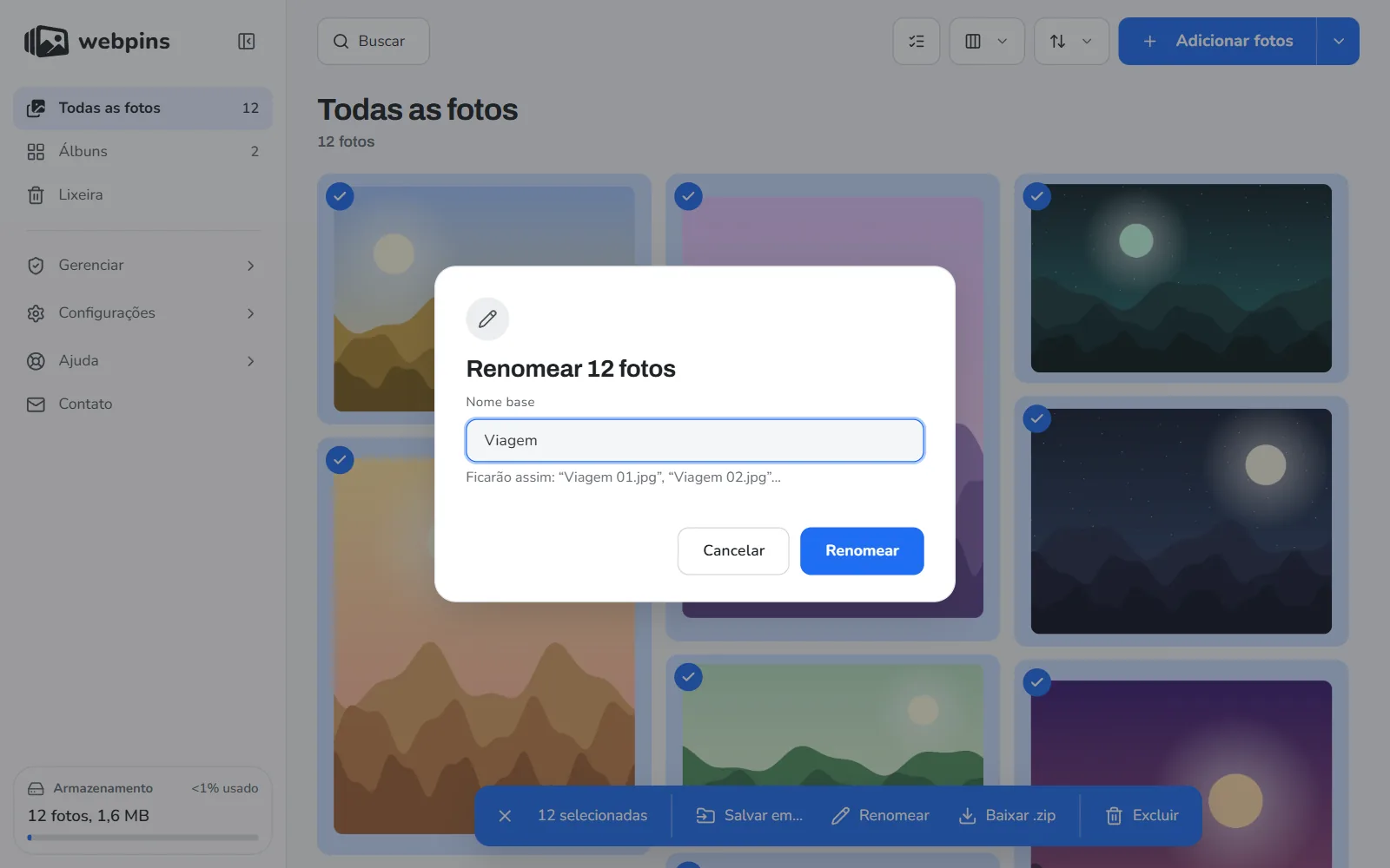 A janela Renomear fotos do webpins, com um nome base e a prévia de como as fotos ficarão numeradas
