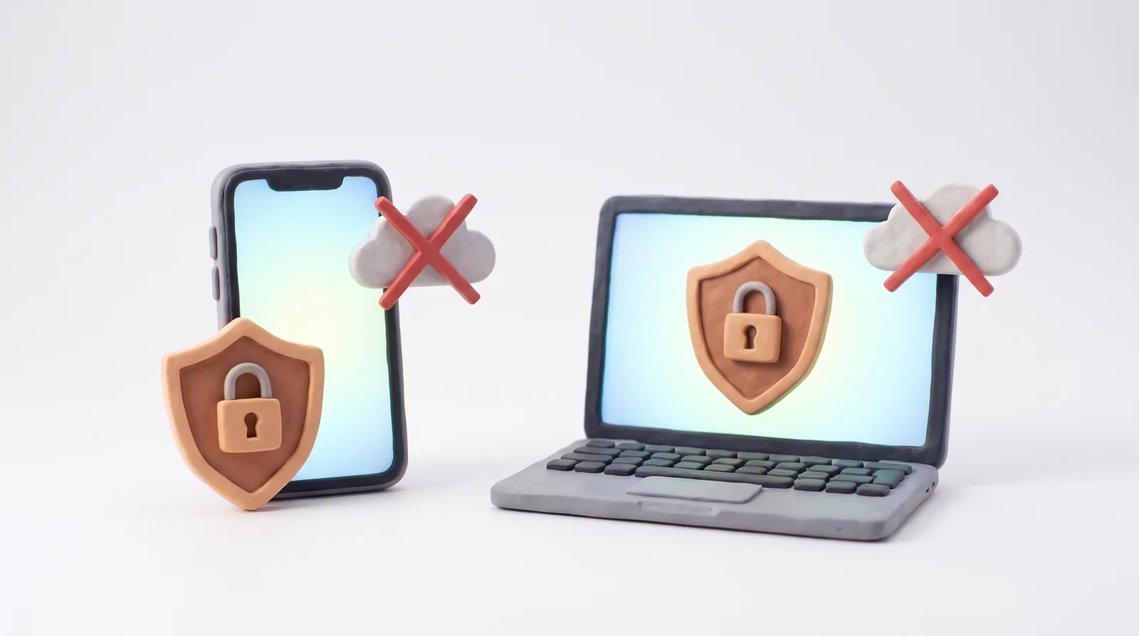 Ilustração de massinha: um celular e um notebook protegidos por um escudo com cadeado